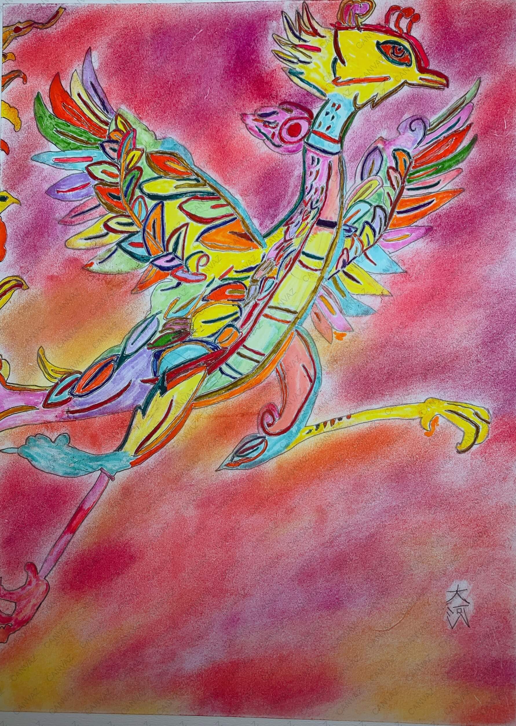 展示用絵画：紅の空を飛ぶ火の鳥 [作者:大河] – CANVAZ.ART SHOP