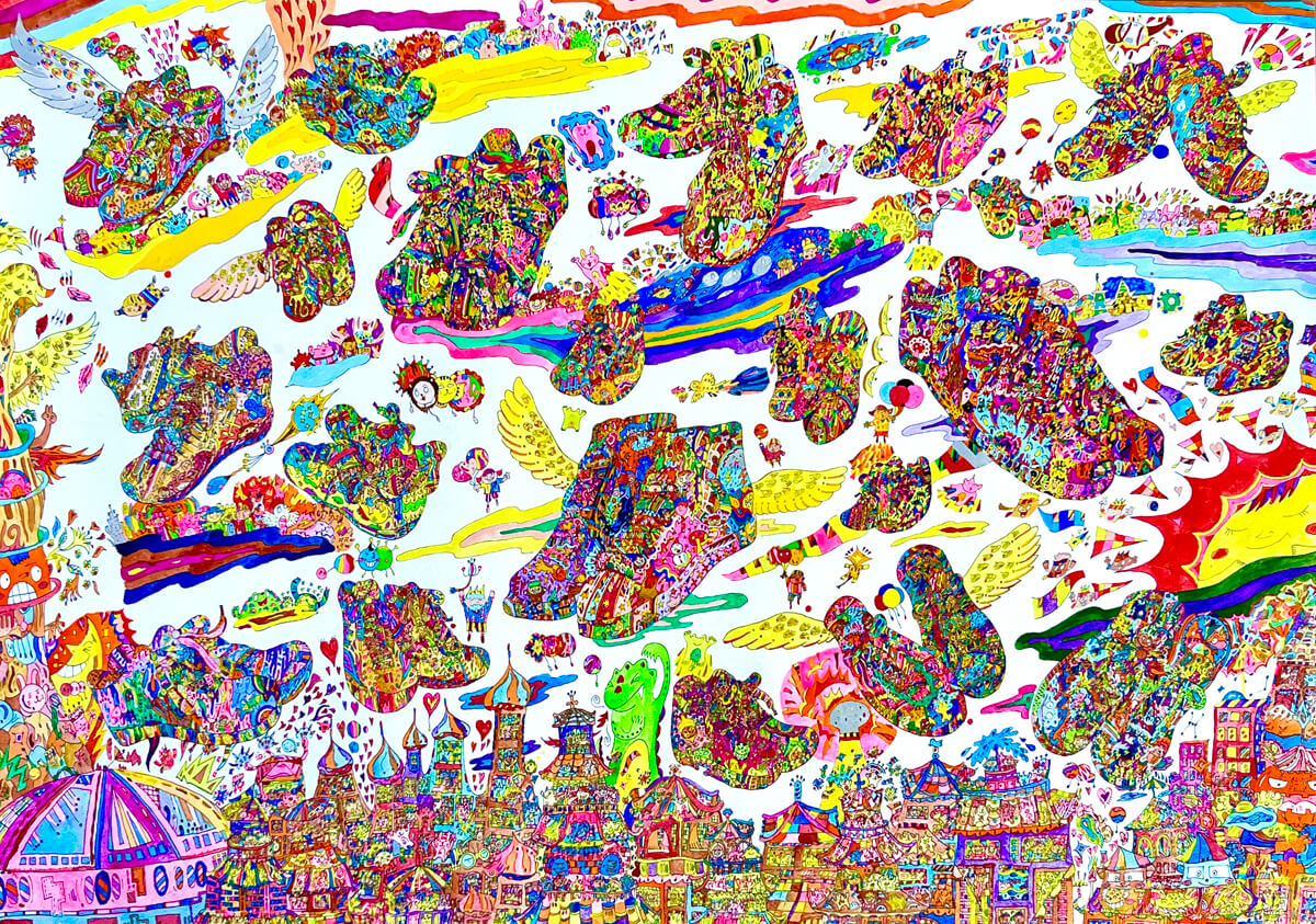 展示用絵画：夢に向かって空飛ぶスニーカー [作者:DAIKI]