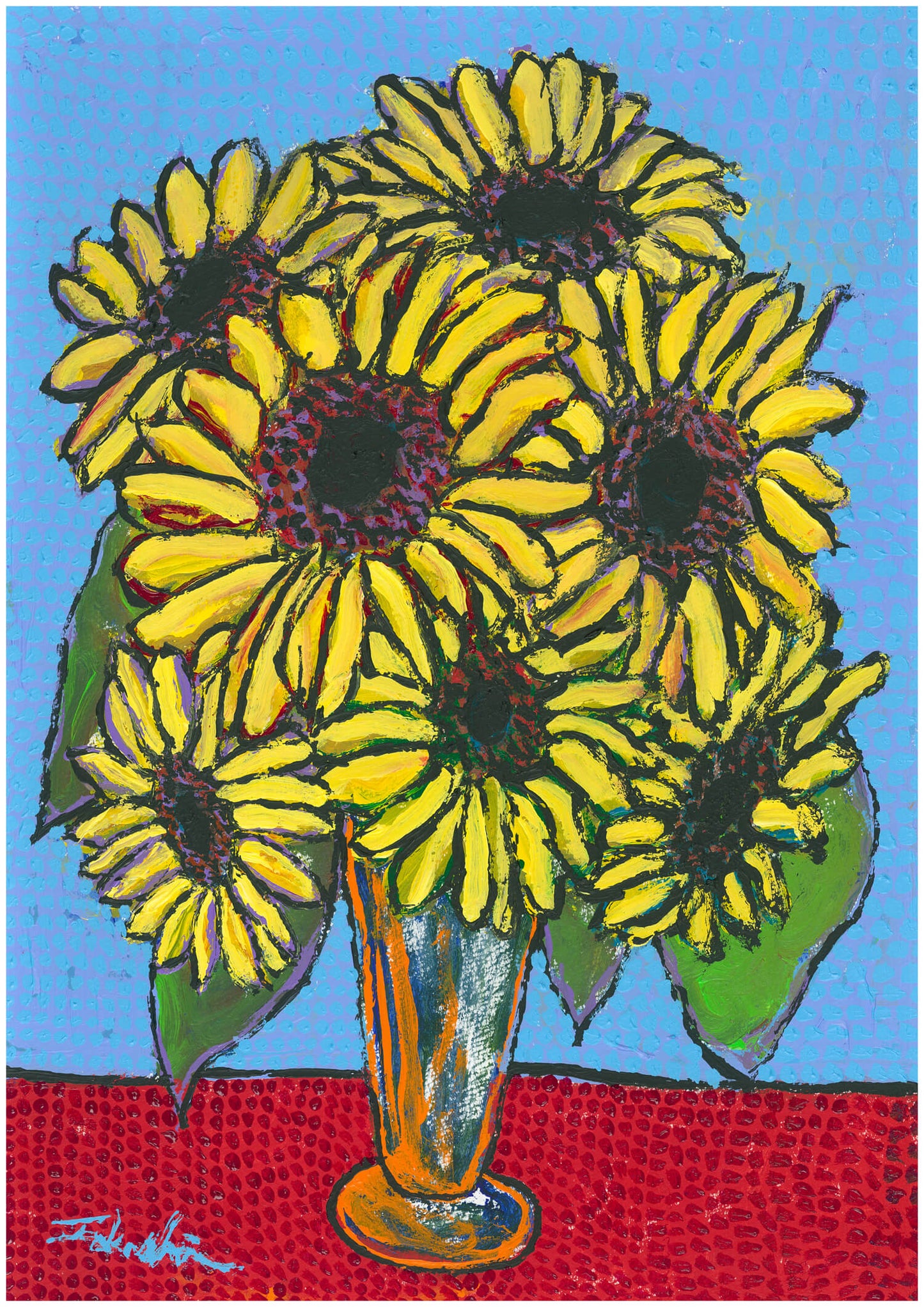 展示用絵画：7輪の向日葵の花瓶 [作者:阿部貴志]