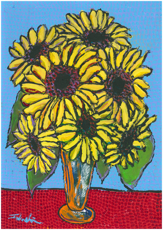 展示用絵画：7輪の向日葵の花瓶 [作者:阿部貴志]