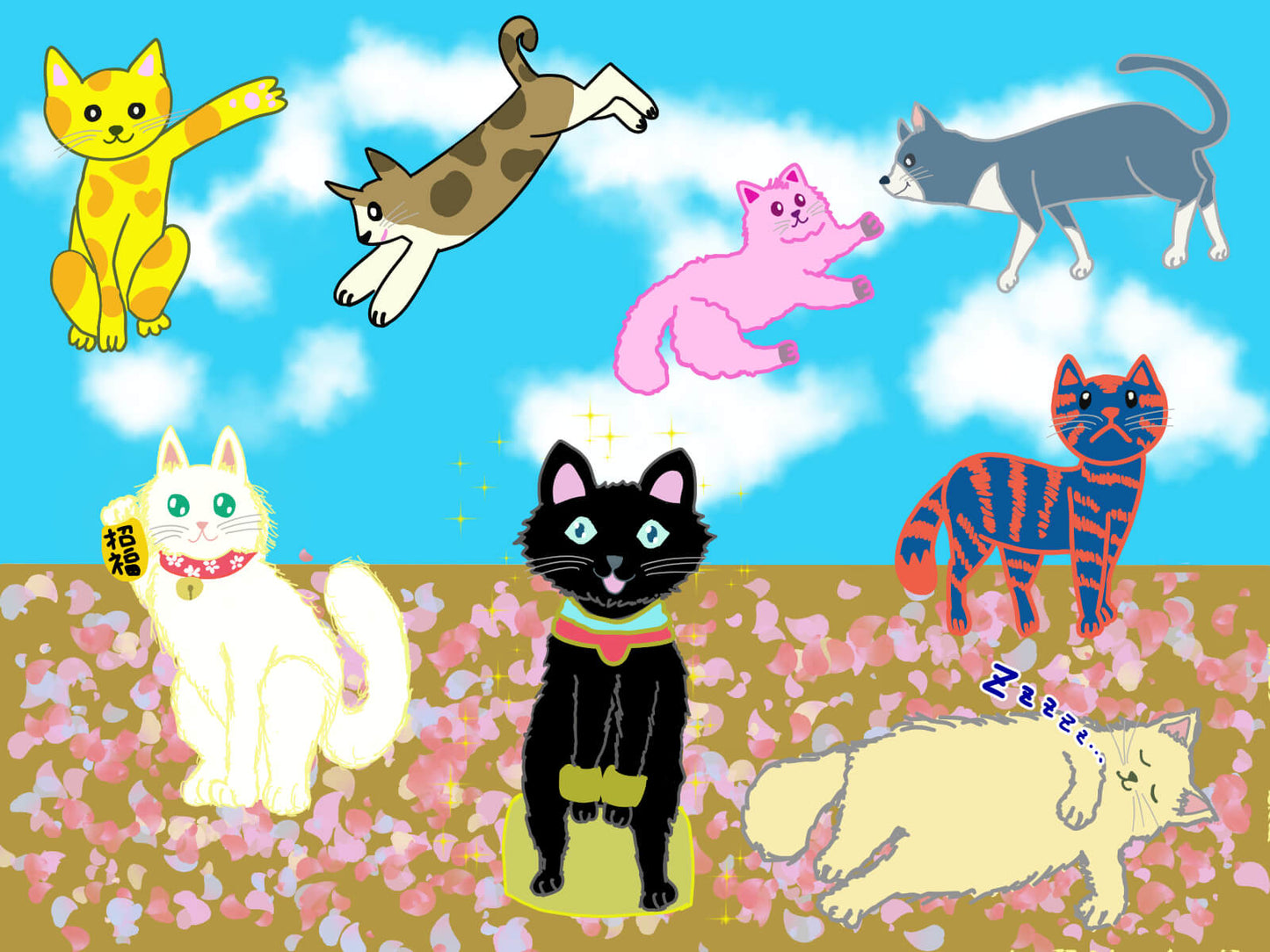 展示用絵画：気まぐれ猫集会 [作者:ちろ]