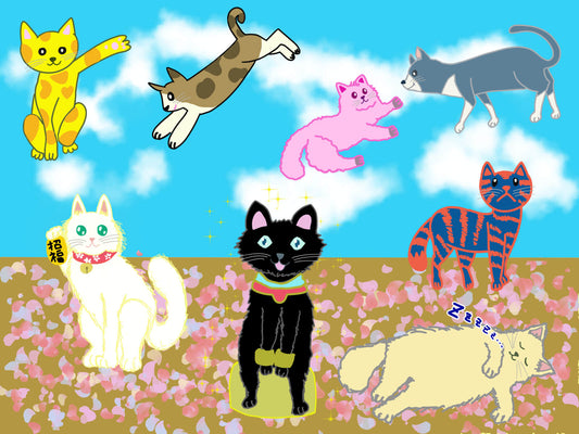 展示用絵画：気まぐれ猫集会 [作者:ちろ]