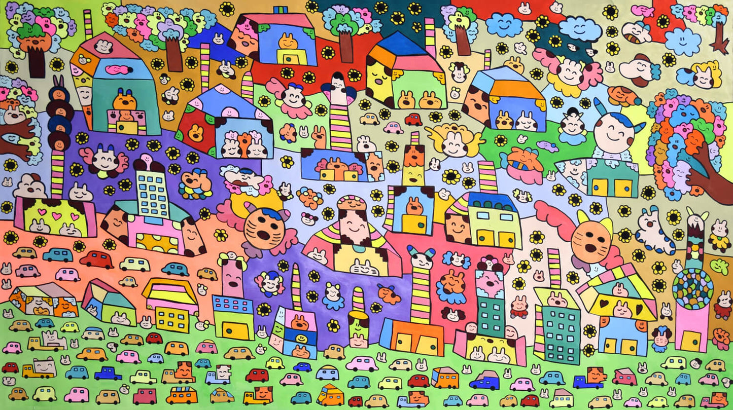 展示用絵画：どうぶつたちの家に、たんけんしよう。僕といっしょにくまちゃんといぬちゃん [作者:NOMO]
