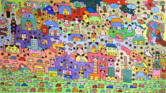 展示用絵画：どうぶつたちの家に、たんけんしよう。僕といっしょにくまちゃんといぬちゃん [作者:NOMO]