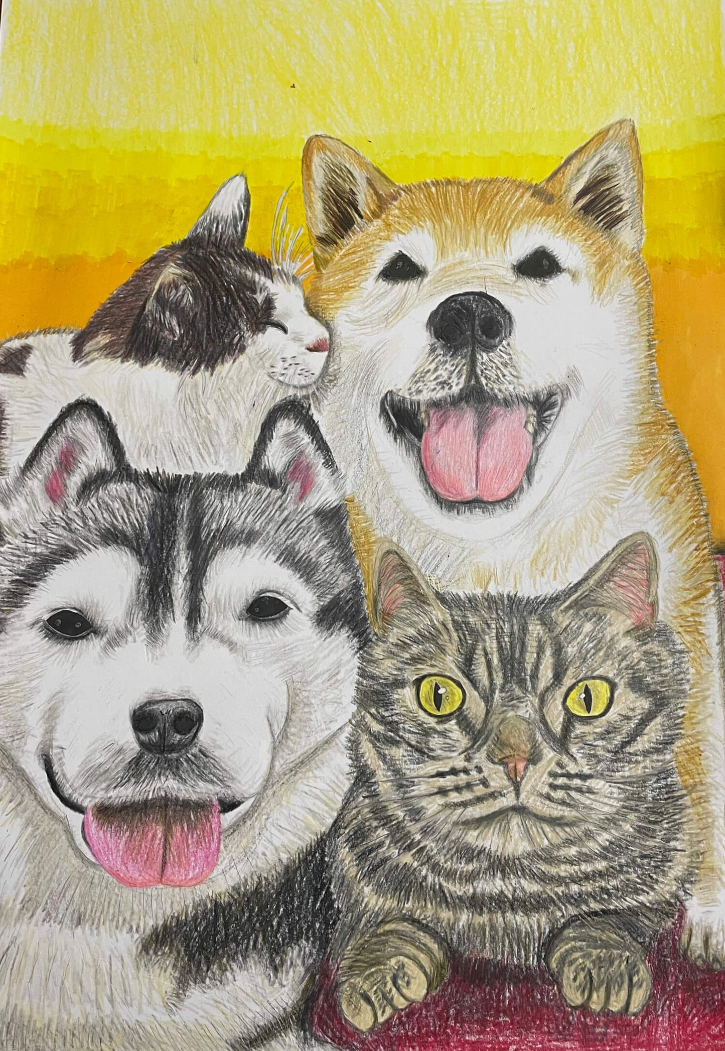 展示用絵画：仲良しわんちゃん猫ちゃん [作者:S.A]