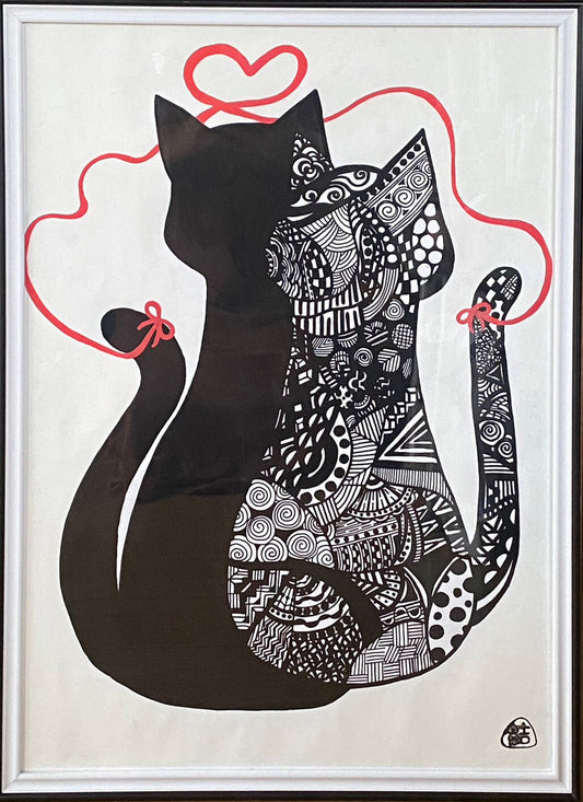 展示用絵画：寄り添い猫 [作者:お結び]