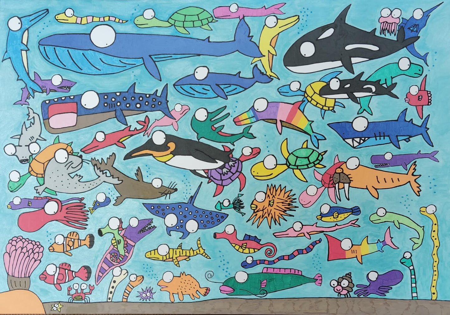 展示用絵画：まんまる目玉の海の生き物 [作者:taichi]