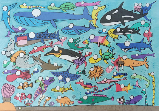 展示用絵画：まんまる目玉の海の生き物 [作者:taichi]