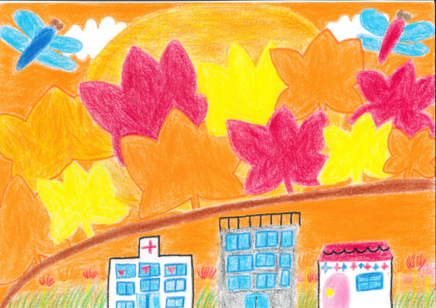 展示用絵画：秋のまんまる夕日と大きなもみじ [作者:ANO]