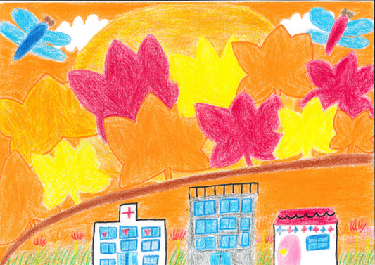 展示用絵画：秋のまんまる夕日と大きなもみじ [作者:ANO]