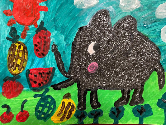 展示用絵画：象さんとフルーツ天国 [作者:マータン]